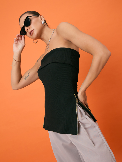 Little Wish - Strapless Ribbed Stretchable Zip Detailing Top ? Chic Bodycon Tube Top