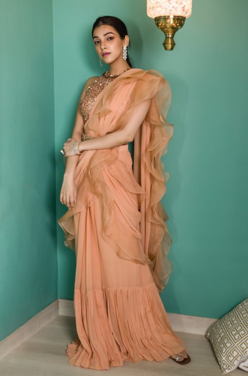 Little Wish - Rose Gold Tonal Embroidered Pre-Draped Ruffle Saree ? A Luxurious Attire with Subtle Embellishments