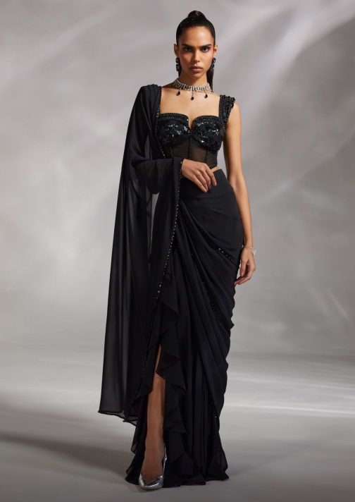 Little Wish - Hertha Black Pre-Draped Sari with Corset for a Contemporary Chic Look