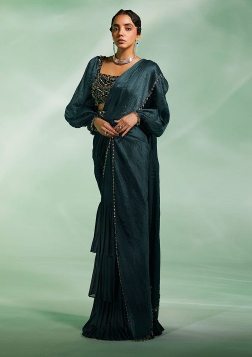 Little Wish - Chloe Dark Green Draped Sari Set for a Bold and Elegant Style