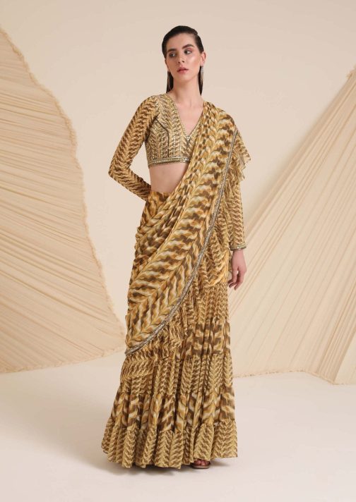 Little Wish - Yellow Rosaria Printed Draped Sari with Coordinated Blouse