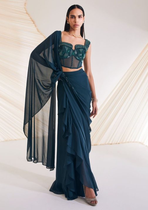 Little Wish - Hertha Evergreen Embellished Draped Sari with Corset for a Rich, Royal Look