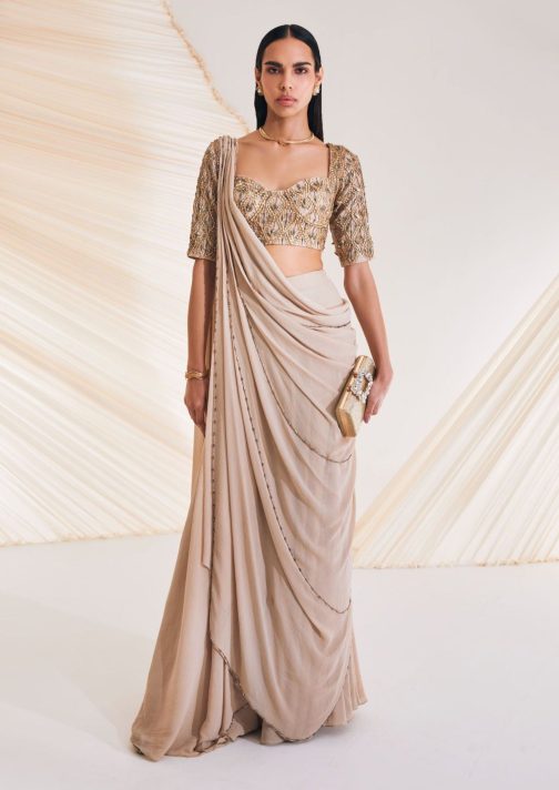 Little Wish - Taylen Beige Embellished Sari with Blouse for a Subtle, Elegant Style