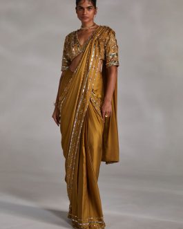 Little Wish - Lumen Ecru Olive Pre-Draped Sari with Blouse for a Unique Color Combination