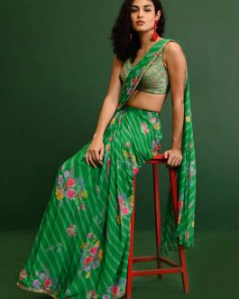 Little Wish - Green Zahra Pleated Saree and Blouse ? A Graceful Pleated Saree with a Contemporary Touch