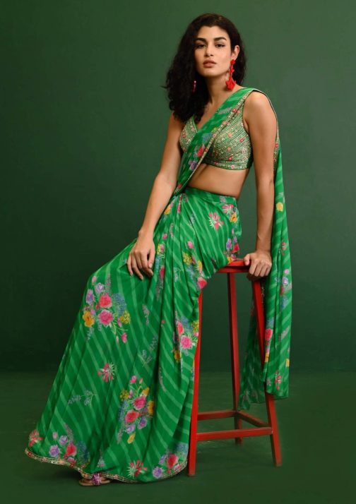 Little Wish - Green Zahra Pleated Saree and Blouse ? A Graceful Pleated Saree with a Contemporary Touch