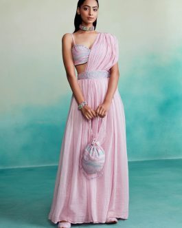 Little Wish - Orchid Pink Bloomsy Skirt and Saree Set with Exquisite Embroidery