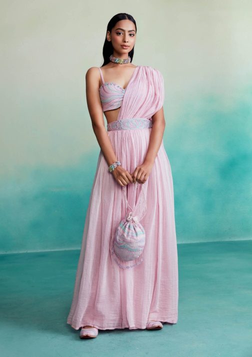 Little Wish - Orchid Pink Bloomsy Skirt and Saree Set with Exquisite Embroidery