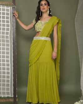 Little Wish - Lime Green Pre-Stitched Saree with Blouse ? A Refreshing and Vibrant Attire for a Chic Appeal