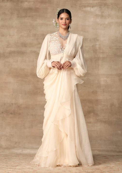 Little Wish - Ivory Peplum and Draped Ruffle Saree ? A Fusion of Peplum Elegance with Classic Saree Draping