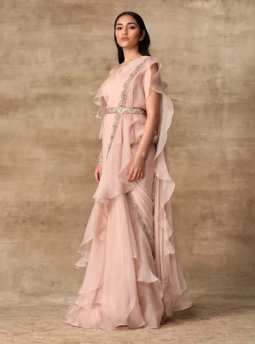Little Wish - Blush Pink Draped Ruffle Saree Set ? A Delicate and Feminine Ensemble with Soft Ruffles