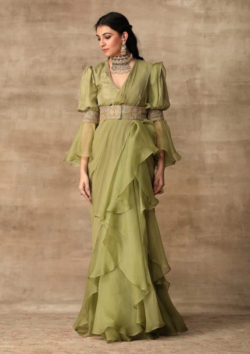Little Wish - Apple Green Draped Ruffle Saree Set ? A Fresh and Vibrant Look with Playful Ruffles