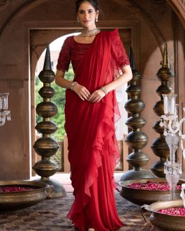 Little Wish - Maroon Draped Frill Sari with Blouse for a Rich and Elegant Traditional Look