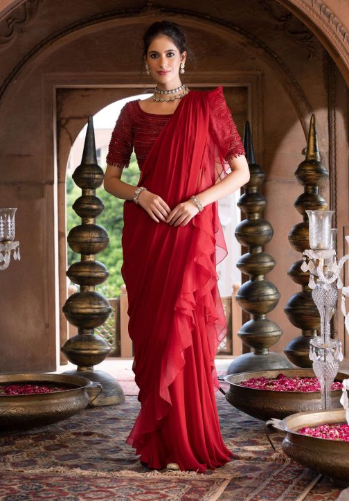 Little Wish - Maroon Draped Frill Sari with Blouse for a Rich and Elegant Traditional Look