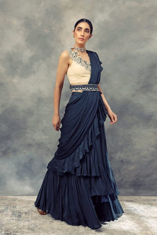 Little Wish - Peacock Green Ruffle Saree with Belt ? A Unique and Structured Look with a Stylish Belt