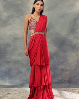 Little Wish - Ruby Red Saree with Bralette & Belt ? A Sensational and Trendy Ensemble for a Bold Look