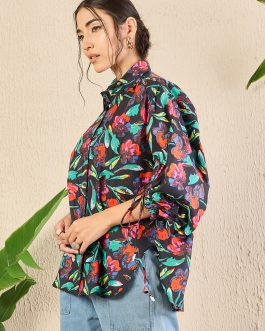 Little Wish - Printed Cotton Shirt with Tie-Up Sleeves ? Chic & Unique