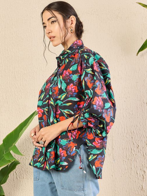 Little Wish - Printed Cotton Shirt with Tie-Up Sleeves ? Chic & Unique