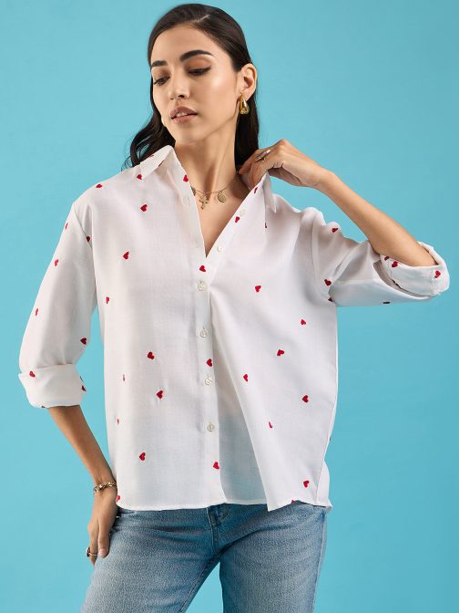Little Wish - Embroidered Cotton Shirt with Hearts ? Cute Printed Casual Button-Up Blouse