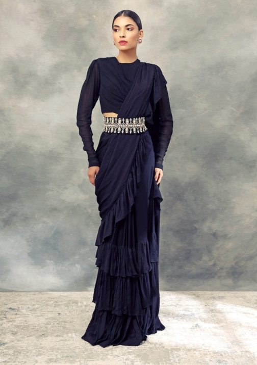 Little Wish - Black Ruffle Saree with Draped Blouse ? A Classic and Stylish Saree with Modern Details