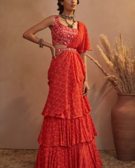 Little Wish - Red Ikkat Draped Saree Set ? Traditional Weave with a Modern Pre-Stitched Design