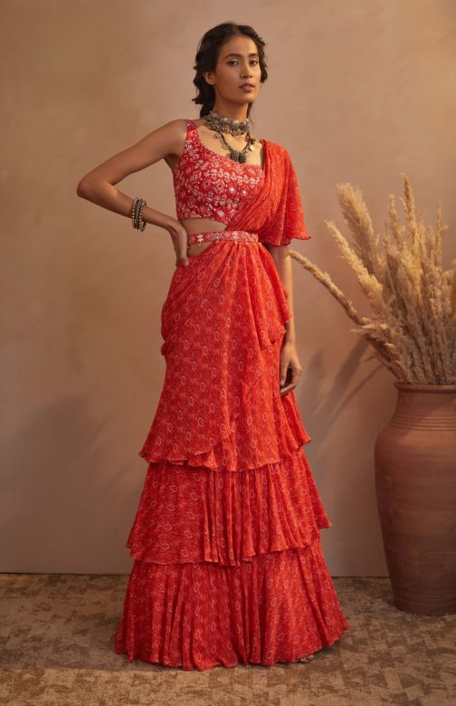 Little Wish - Red Ikkat Draped Saree Set ? Traditional Weave with a Modern Pre-Stitched Design