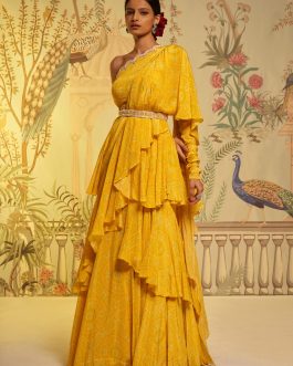 Little Wish - Yellow Bandhani Frill Sari with Blouse for a Festive Occasion