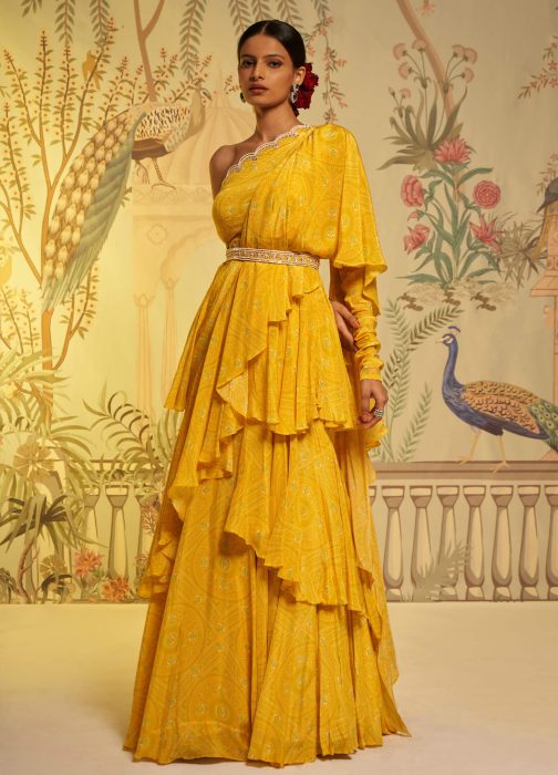Little Wish - Yellow Bandhani Frill Sari with Blouse for a Festive Occasion