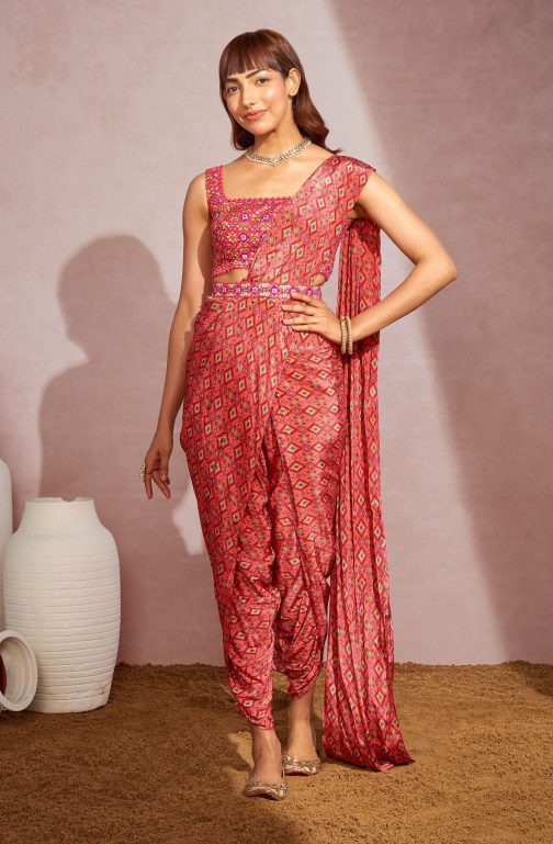 Little Wish - Red Diamond Dhoti Saree, Blouse, and Belt ? Stylish and Contemporary Saree Twist