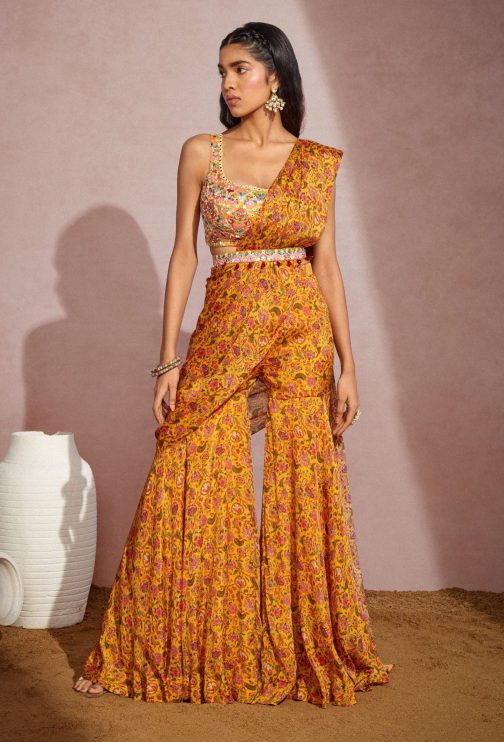Little Wish - Yellow Paisley Sharara Saree Set ? Traditional and Trendy Ethnic Look