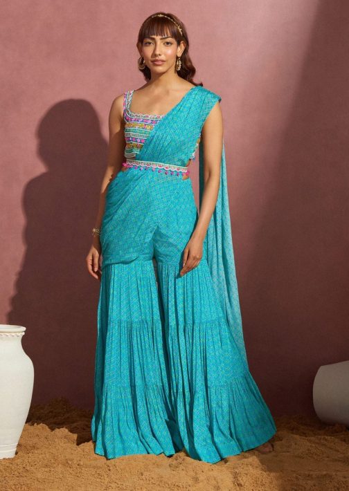 Little Wish - Aqua Sharara Saree Set ? Refreshing and Modern Indo-Western Fusion Ensemble