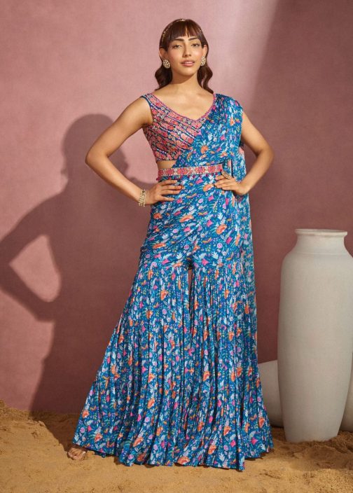 Little Wish - Royal Blue Sharara Saree Set ? Majestic and Elegant Outfit for Grand Occasions