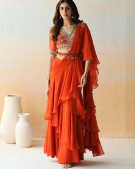 Little Wish - Fire Rust Pre-Draped Ruffle Saree Set ? Warm and Vibrant Ethnic Statement