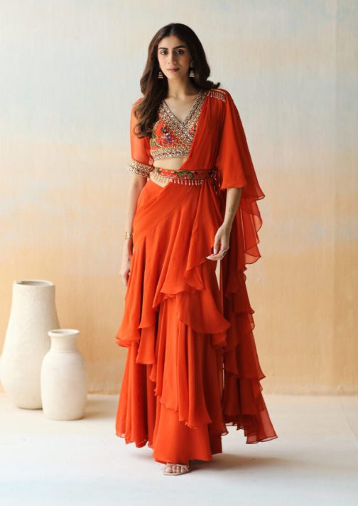 Little Wish - Fire Rust Pre-Draped Ruffle Saree Set ? Warm and Vibrant Ethnic Statement