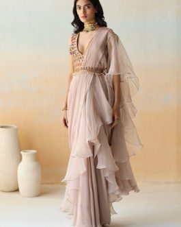Little Wish - Light Beige Pre-Draped Ruffle Saree Set ? Soft and Graceful Traditional Look