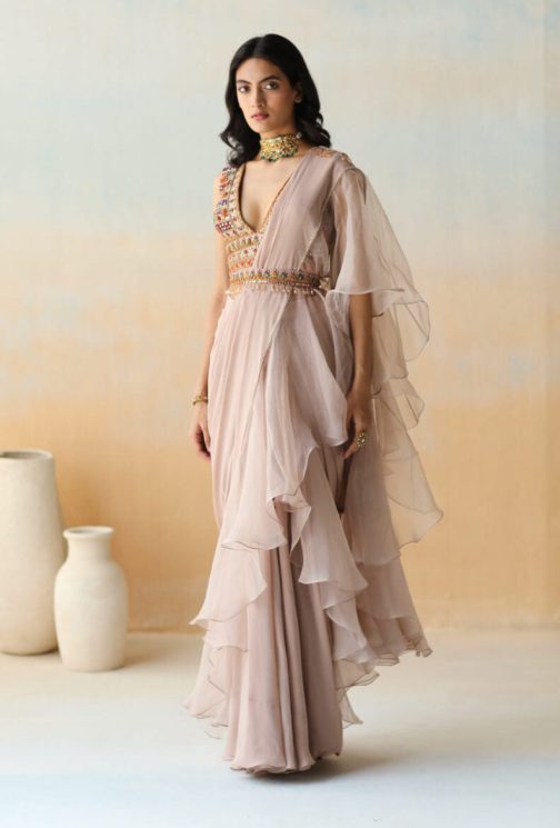 Little Wish - Light Beige Pre-Draped Ruffle Saree Set ? Soft and Graceful Traditional Look