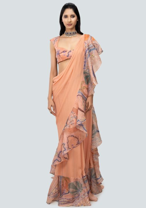 Little Wish - Ayana Peach Draped Ruffle Saree Set with Beautifully Embroidered Blouse