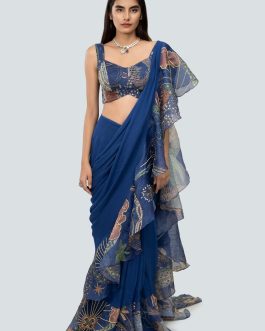Little Wish - Nalina Blue Draped Ruffle Saree Set with Elegantly Designed Blouse