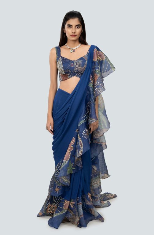 Little Wish - Nalina Blue Draped Ruffle Saree Set with Elegantly Designed Blouse