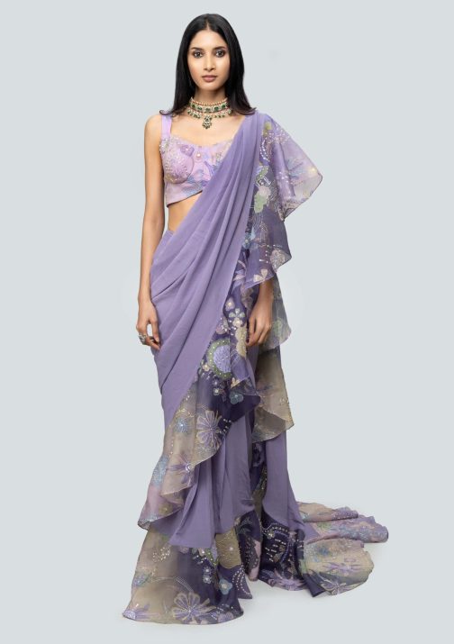 Little Wish - Tarika Amethyst Draped Ruffle Saree Set with Stylish Blouse Detailing