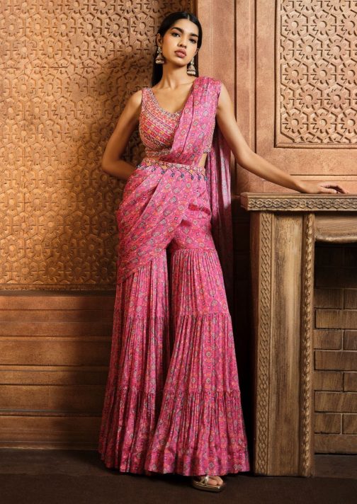 Little Wish - Pink Persian Printed Draped Sharara Sari Set for a Vibrant and Festive Look