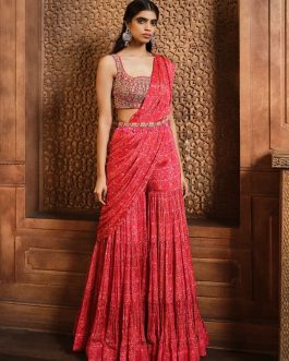 Little Wish - Vermillion Red Printed Draped Sharara Sari Set for a Bold and Eye-Catching Look