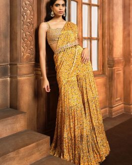 Little Wish - Yellow Floral Printed Draped Sharara Sari Set for a Fresh and Playful Look