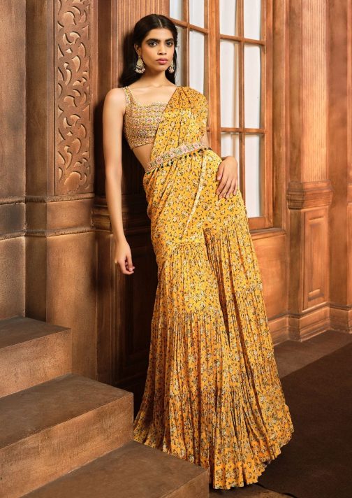 Little Wish - Yellow Floral Printed Draped Sharara Sari Set for a Fresh and Playful Look