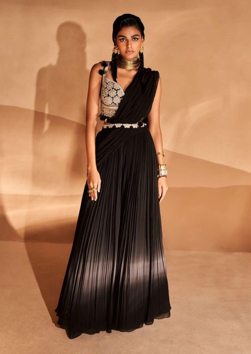 Little Wish - Black Pre-Stitched Palazzo Sari Set for a Modern and Trendy Indo-Western Look