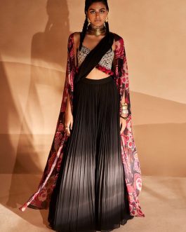 Little Wish - Black Pre-Stitched Palazzo Sari with Cape Set for a Fusion of Comfort and Elegance