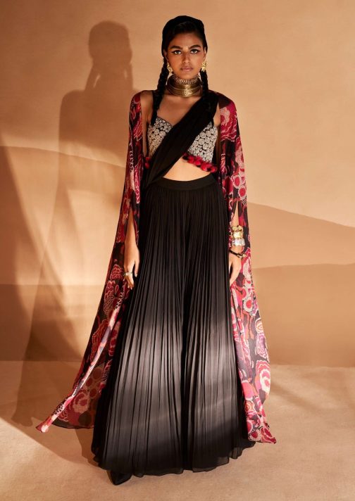 Little Wish - Black Pre-Stitched Palazzo Sari with Cape Set for a Fusion of Comfort and Elegance