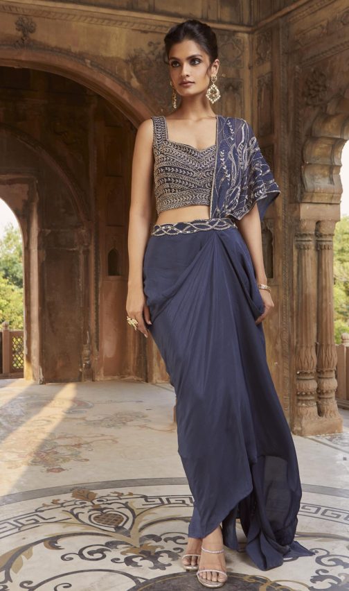Little Wish - Zendaya Navy Blue Draped Saree Set ? A Bold and Stylish Statement Piece for Grand Occasions