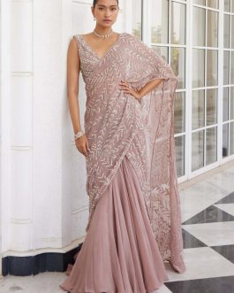 Little Wish - Sithara Salmon Pink Lehenga Sari Set with a Flowy Draped Style