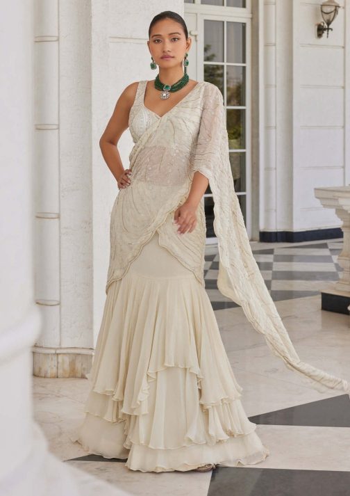 Little Wish - Soha Ivory Lehenga Sari with Blouse for a Traditional Look